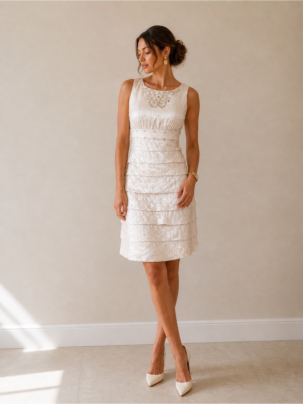 Adrianna Papell Beaded Ivory Cocktail Dress – Size 4